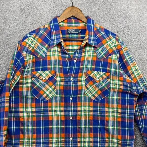 Vintage Ralph Lauren Shirt Men's Extra large Blue Orange Pearl Snap Western 90s - Picture 6 of 10